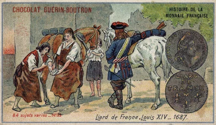 Serie Histoire de la Monnaie Française, veröffentlicht von Chocolat Guérin Boutron. Chromolithographie des 19. Jahrhunderts. Liard aus Frankreich. Ludwig XIV. 1687