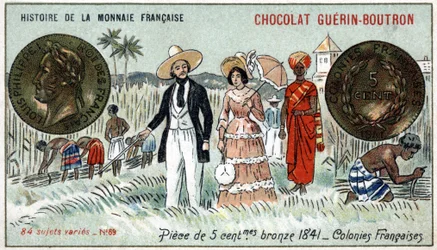 Serie Histoire de la Monnaie Française, veröffentlicht von Chocolat Guérin Boutron. Chromolithographie des 19. Jahrhunderts. 5-Cent-Bronzemünze im Jahr 1841. Französische Kolonien