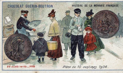 Serie Histoire de la Monnaie Française veröffentlicht von Chocolat Guérin Boutron. 10-Cent-Münze von 1904