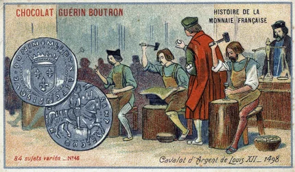 Serie Histoire de la Monnaie Française veröffentlicht von Chocolat Guérin Boutron. Der Silberne Cavalot von Louis XII. 1498