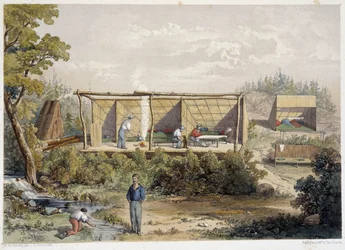 Siedlerlager in Kanada - in „Sketches on the Nipisaguit, a River of New Brunswick in America“ von William Hickman, ed. Halifax