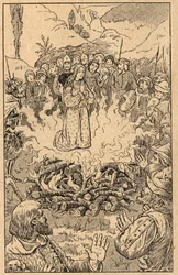Sie bleibt inmitten der Flammen... Heilige Rosa von Viterbo (1233-1252). Gravur aus dem späten 19. Jahrhundert. Privatsammlung.