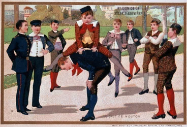 Schafspringenspiel, Ladenwerbung „Der schöne Gärtner“, ca. 1895