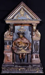 Schuhmacherschild mit der Inschrift unten „Saint Crespin“ - geschnitztes Holz