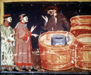 Werkstatt eines Handwerkers aus einem Miniaturmanuskript des 14. Jahrhunderts