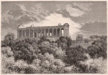Seitenansicht des antiken hellenischen Tempels der Concordia in Agrigent auf Sizilien, Italien