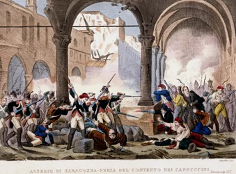Belagerung von Saragossa (Zaragoza) und das Kapuzinerkloster im Jahr 1808. Farbiger Stich der Zeit. Mailand