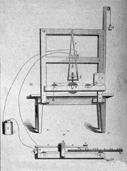 Skizze des ersten Telegraphen des amerikanischen Erfinders Samuel Finley Breese Morse (1791-1872). Gravur des 19. Jahrhunderts