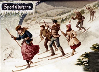 Skifahrer. Chromolithographie, Ende des 19. Jahrhunderts