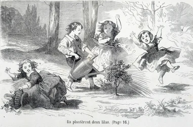 Sophie und ihre Freunde pflanzen Flieder - in „Die Missgeschicke der Sophie“ von der Gräfin von Ségur, Hachette