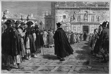 Spanien 1880: die Feste von Santiago de Compostela, die Prozession der Pilger am Eingang der Basilika.