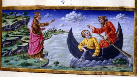 St. Peter: Fischen auf dem See Tiberias. Miniatur des 15. Jahrhunderts. Mailand, Biblioteca Trivulziana.