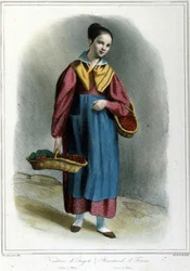Erdbeerverkäuferin. Gravur aus „Costumi milanesi di Locarno (Mailänder Kostüme von Locarno)“