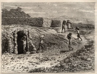 Schwefel - Eine Schwefelmine in Girgenti, Sizilien - Gravur in 