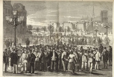 Der Maurerjahrmarkt auf der Place de l’Hôtel de Ville in Paris. Von Herrn Jules Pelcoq - Stich 1869