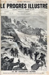 Die 30. Alpenjäger führen einen Gewaltmarsch auf den Mont Pelvoux in 3400 Metern Höhe am 21.-24. Juni 1895 durch - Gravur in „Le Progres illustré“ von 1895
