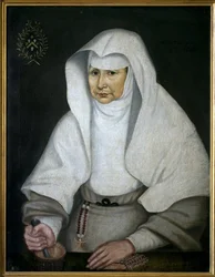 Die Apothekerin Schwester Pierrette Monnet (1557-1628), vom Hotel Dieu de Beaune. Dargestellt mit einem Mörser und seinem Stößel in der Hand. Anonymes Gemälde, Öl auf Leinwand.