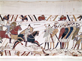 Die Schlacht von Hastings, gewonnen von Wilhelm I. dem Eroberer (1027 - 1087) am 14.10.1066, bei der König Harold II. von England (1022 - 1066) starb. Teppich von Bayeux, bekannt als Stickerei der Königin Mathilde