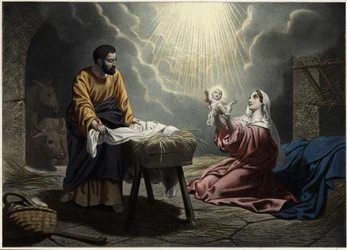 Die Geburt Christi. Anonymer Stich aus der Mitte des 19. Jahrhunderts.