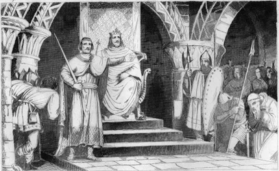 Die Krönung Childerichs II. (670-721) - Childerich II. (670-721) wird 715 von Raganfrid (Ragenfred), dem Hausmeier von Neustrien, auf den Thron gesetzt - Stich von 1825 in „Geschichte Frankreichs, dargestellt durch synoptische Gemälde, den Kindern