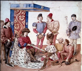 Der Herzog der Bretagne überreicht sein Schwert den Königen der Waffen. Miniatur aus dem Turnierbuch von König René von Anjou (1409-1480) um 1460. Paris, B.N.