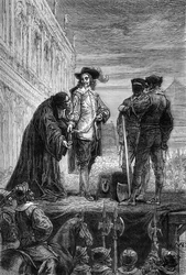 Die Hinrichtung von König Karl I. - Hinrichtung von König Karl I. Stuart von England (1600-1649) in Whitehall - Der König gibt dem Bischof seine Halskette und sagt: „Erinnert Euch“ - Stich in „Die Geschichte Englands von den ältesten Zeiten“