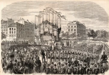 Die Feste in Paris, Einzug der italienischen Armee in Paris, Triumphbogen an der Place de la Bastille, Darstellung der Front des Mailänder Doms - Rückkehr der Truppen nach dem Risorgimento, Paris.