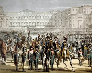 Der französische General und König von Neapel Gioacchino (Joachim) Murat überprüft die cisalpinische Miliz vor der Villa Reale de Monza am 07.08.1801
