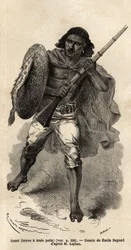 Das Spiel, oder der tapfere mit drei Haaren, abessinischer Gewehrsoldat. Gravur zur Illustration der Reise nach Abessinien, im Jahr 1862 von Guillaume Lejean, in „Le tour du monde, nouveau journal des voyages“, veröffentlicht unter der Leitung von Edouard 