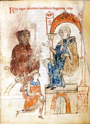 Der deutsche Kaiser Heinrich IV. (1050 - 1106) im Büßergewand bittet Papst Gregor VII. (Hildebrand: 1015/20 - 1085) um Vergebung, der Zuflucht im Schloss der Gräfin Mathilda von Toskana (1046 - 1115) in Canossa gefunden hat. 25. - 28. Januar