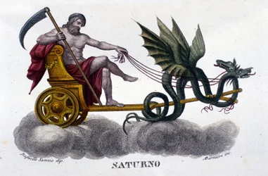 Der Gott Saturn (oder Kronos) auf einem von zwei Drachen gezogenen Wagen. Nach einer Illustration von Raffael. Stich aus dem 19. Jahrhundert.