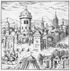 Die Hugenotten in Amboise, wo König Franz II. war (Verschwörung von Amboise) - in „Collection of 39 figures representing the calamities of France from 1562 to 1586“; Louis Perrin Druckerei