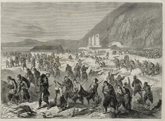 Der Aufstand in Dalmatien (die Bocche di Cattaro) - Aufstand gegen die von der österreichischen Regierung auferlegte Wehrpflicht - EREIGNISSE IN DALMATIEN. AUFSTÄNDISCHE GREIFEN DAS STAATLICHE TRINITÄTSFORT AN, IN DER NÄHE VON CATARO (Bucht von Kotor) - Bu