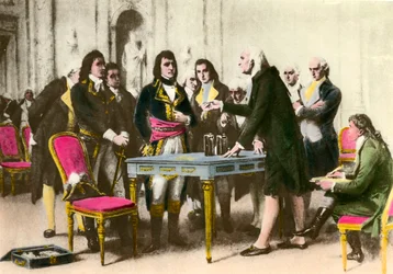 Der italienische Physiker Alessandro Volta präsentiert seine Batterie Napoleon Bonaparte