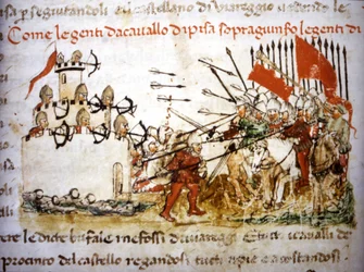 Die Ritter von Pisa siegten 1397 über die Infanterie von Lucca - in den „Croniche del Sercambi“, um 1400. Staatsarchiv, Lucca.