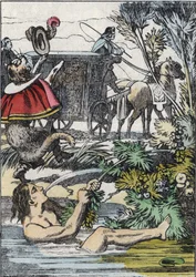 Der Marquis de Carabas täuscht vor, zu ertrinken, während der gestiefelte Kater um Hilfe ruft. Illustration aus Charles Perraults Märchen „Der gestiefelte Kater“