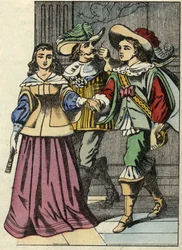 Der Marquis von Carabas, die Prinzessin und der König im Schloss. Illustration des Märchens „Der gestiefelte Kater“ von Charles Perrault