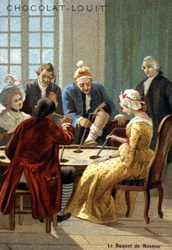 Der Mesmer-Eimer. Erfahrung von Mesmer, einem deutschen Arzt, der behauptete, den „tierischen Magnetismus“ entdeckt zu haben. Chromolithographie aus dem 19. Jahrhundert