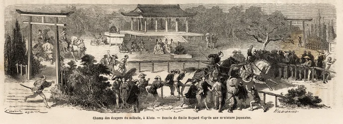 Der Mikado (Kaiser von Japan) Knappe Feld in Kioto (oder Kyoto), Trainings- und Übungsstrecke für kaiserliche Pferde. Gravur zur Illustration der Reise nach Japan, 1863-1864, von Aimé Humbert, Minister der Schweizerischen Eidgenossenschaft, in „Le tour du 
