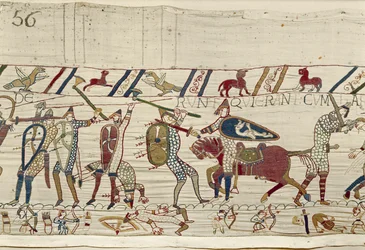 Die Normannen kämpfen und töten diejenigen, die bei König Harold waren, Teppich von Bayeux