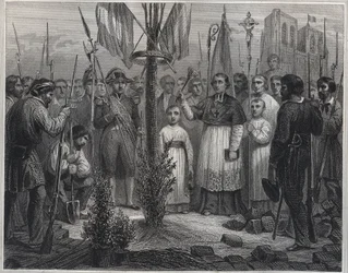 Die Pflanzung eines Freiheitsbaums während der Revolution - Gravur in „Les Fastes populaires, ou Histoire des actes heroiques du peuple et de son influence“