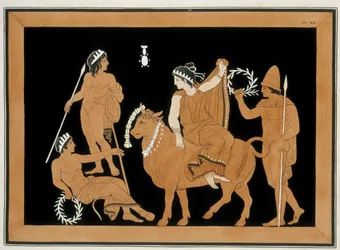 Die Entführung Europas - „Gemälde antiker Vasen, allgemein als etruskisch bezeichnet“, aus verschiedenen Sammlungen und graviert von A. Clener, begleitet von Erklärungen von A.L. Millen. Von Dubois-Maisonneuve. Bibliothek von Maisons Alfort, Veterinärschul