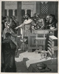 Der römische Kaiser Caligula (12-41) in einem Brocanter in Gallien. Gravur von 1885 in „Les arts et métiers illustrés“ von Adolphe Bitard.