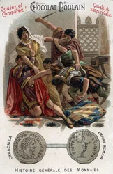 Der römische Kaiser Caracalla (188-217) ermordete seinen Bruder Geta in den Armen seiner Mutter. In „Allgemeine Geschichte der Münzen“. Chocolat-Poulain-Chromolithografie vom Ende des 19. Jahrhunderts. Privatsammlung.