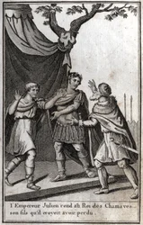 Der römische Kaiser Julian gibt dem König der germanischen Chamaven seinen Sohn zurück, den er für verloren gehalten hatte. 4. Jahrhundert. Gravur in „Beaute de l