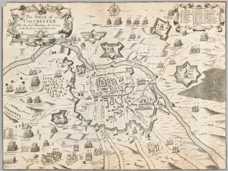 Die Belagerung von Colchester durch Lord Fairfax, wie es mit der Linie und den Außenwerken 1648 war (Gravur)