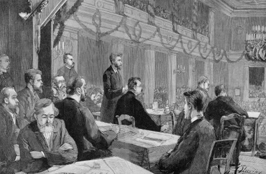 Der Sozialistische Kongress von Halle (Sachsen) im Jahr 1890 in Anwesenheit von August Bebel, Gravur von 1890.