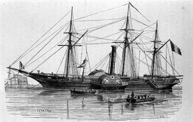 Die Sphinx, das erste 1830 gebaute Dampfschiff der französischen Marine. Stich aus dem 19. Jahrhundert.