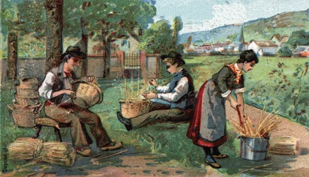 Der Korbmacher. Chromolithografie des späten 19. Jahrhunderts