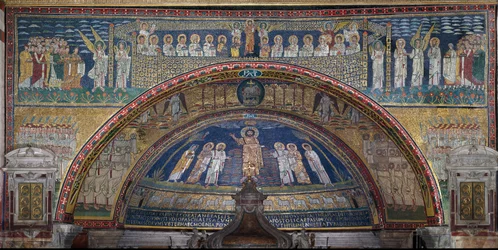 Die Vision des himmlischen Jerusalem: Die Auserwählten werden von den Engeln empfangen. Unten das Lamm Gottes. Detail. Mosaik um 830. Triumphbogen der Basilika Santa Prassede, Rom